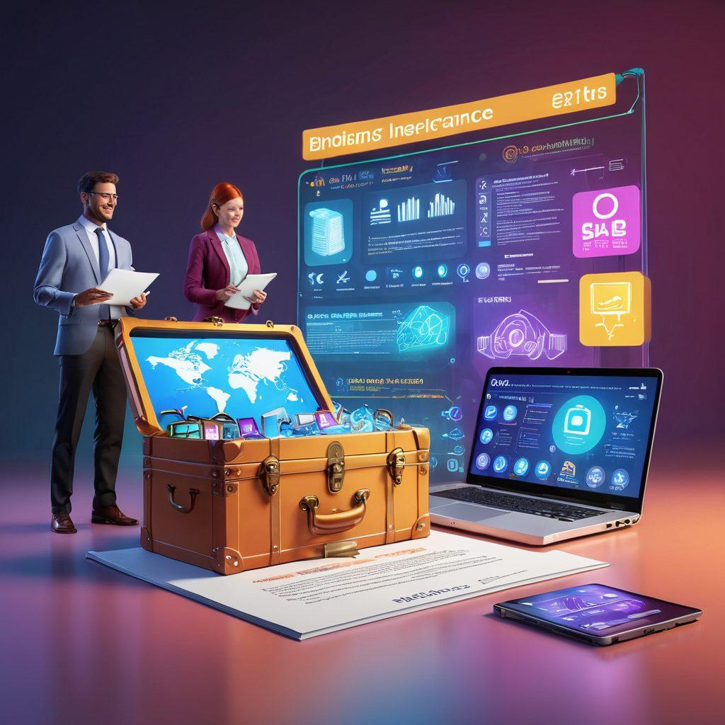 A beginner-friendly digital landscape depicting a diverse group of individuals exploring the world of digital insurance. Visual elements include policy documents transforming into digital screens, and a key unlocking a treasure chest filled with premium icons. Soft, inviting colors create a warm atmosphere, symbolizing learning and discovery. Elements such as laptops, charts, and insurance symbols should be integrated. vibrant colors. 3D. bright background.