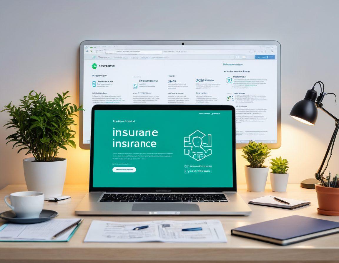 An open laptop with a website displayed on the screen that shows a step-by-step guide about online insurance, surrounded by various insurance icons like a house, car, and medical symbols. In the foreground, a person studies the guide, taking notes with a thoughtful expression. The background features a bright, inviting workspace with plants and warm lighting. super-realistic. vibrant colors. white background.